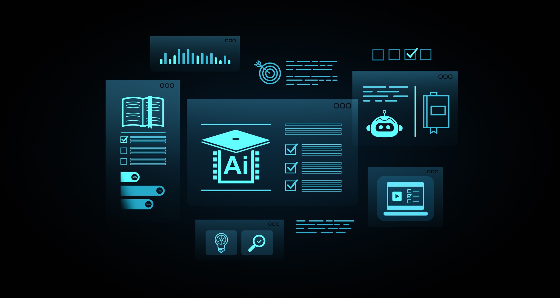 Futuristic digital interface showing AI-driven education elements with icons of books, robots, charts, and learning modules on dark background. 3D Rendering